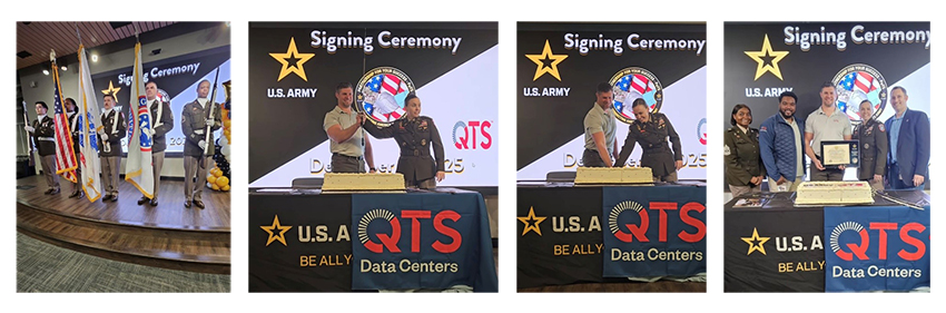 Duluth Army Recruiting Station Color Guard, LTC Lindsy Gerheim and Mr. Wuestner, LTC Lindsy Gerheim and Mr. Wuestner cutting the ceremonial cake, Representatives from the Army and QTS.